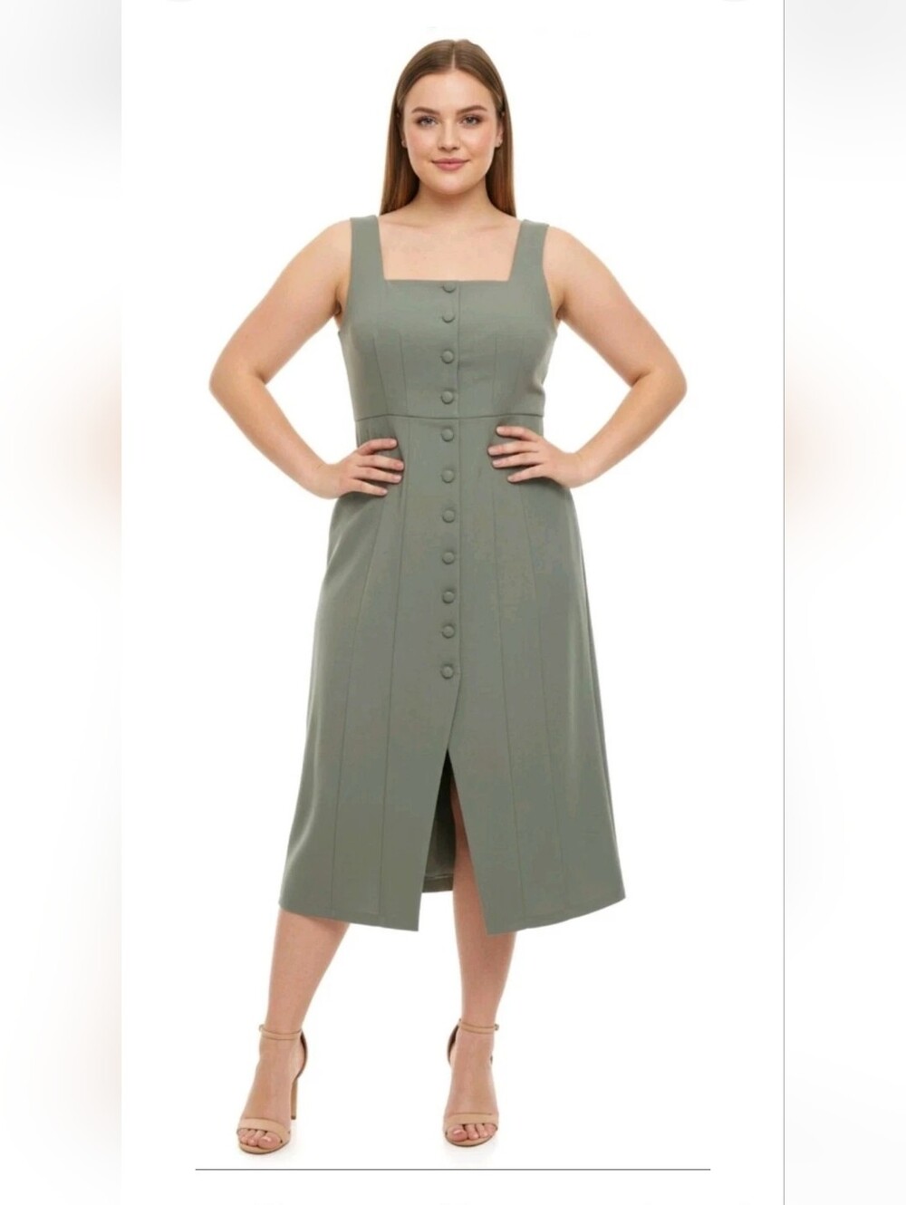 AiiRZ Sage Green Li Ed Sleeveless Dress Faux Button Front Midi Sz Large Office